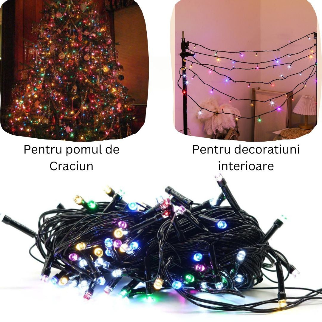 Instalatie de Craciun liniara Yoto, 10 m, din care 1 m cablu priza 220V, 100 LED, 8 jocuri de lumini, controler, fir negru, multicolor-6