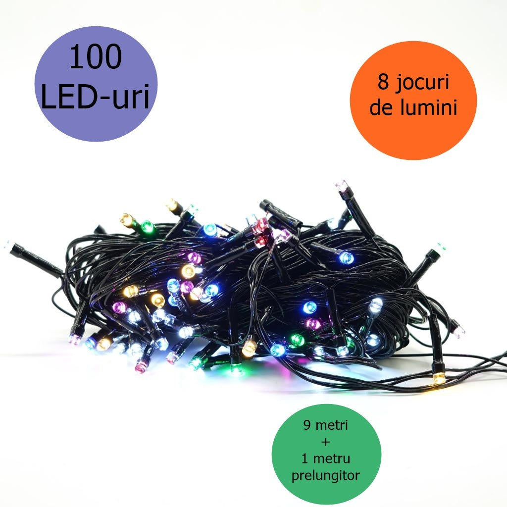 Instalatie de Craciun liniara Yoto, 10 m, din care 1 m cablu priza 220V, 100 LED, 8 jocuri de lumini, controler, fir negru, multicolor-7