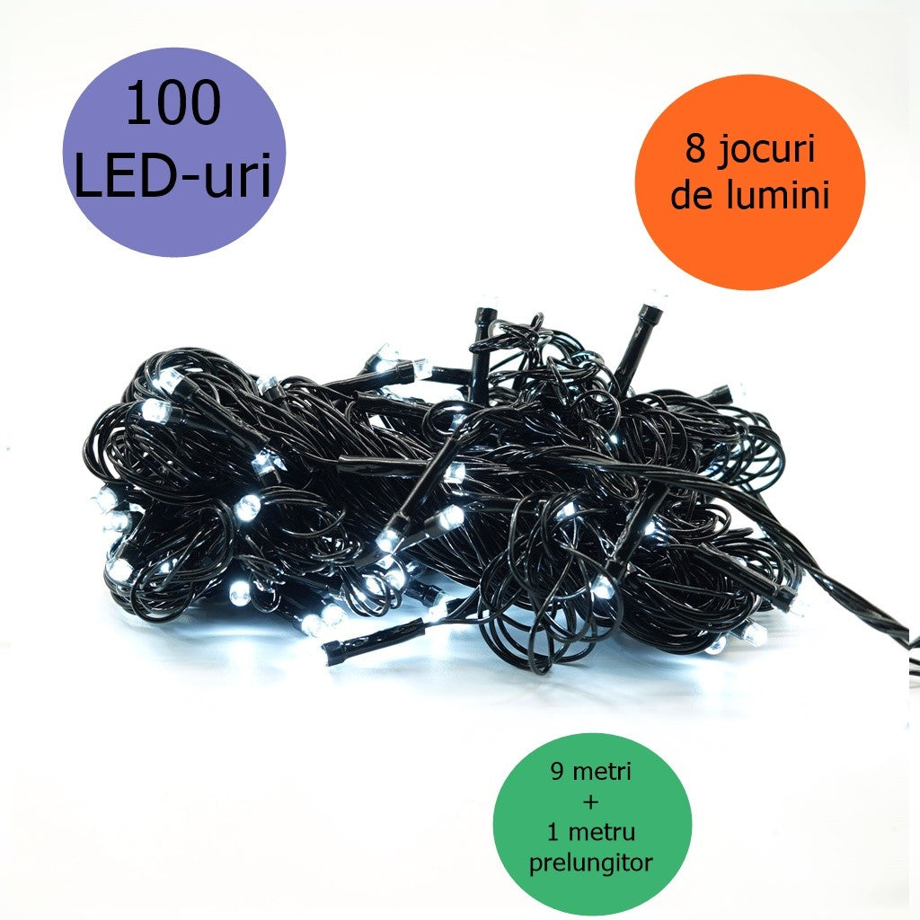 Instalatie de Craciun liniara Yoto, 10 m, din care 1 m cablu priza 220V, 100 LED, 8 jocuri de lumini, controler, fir negru, alb rece-1