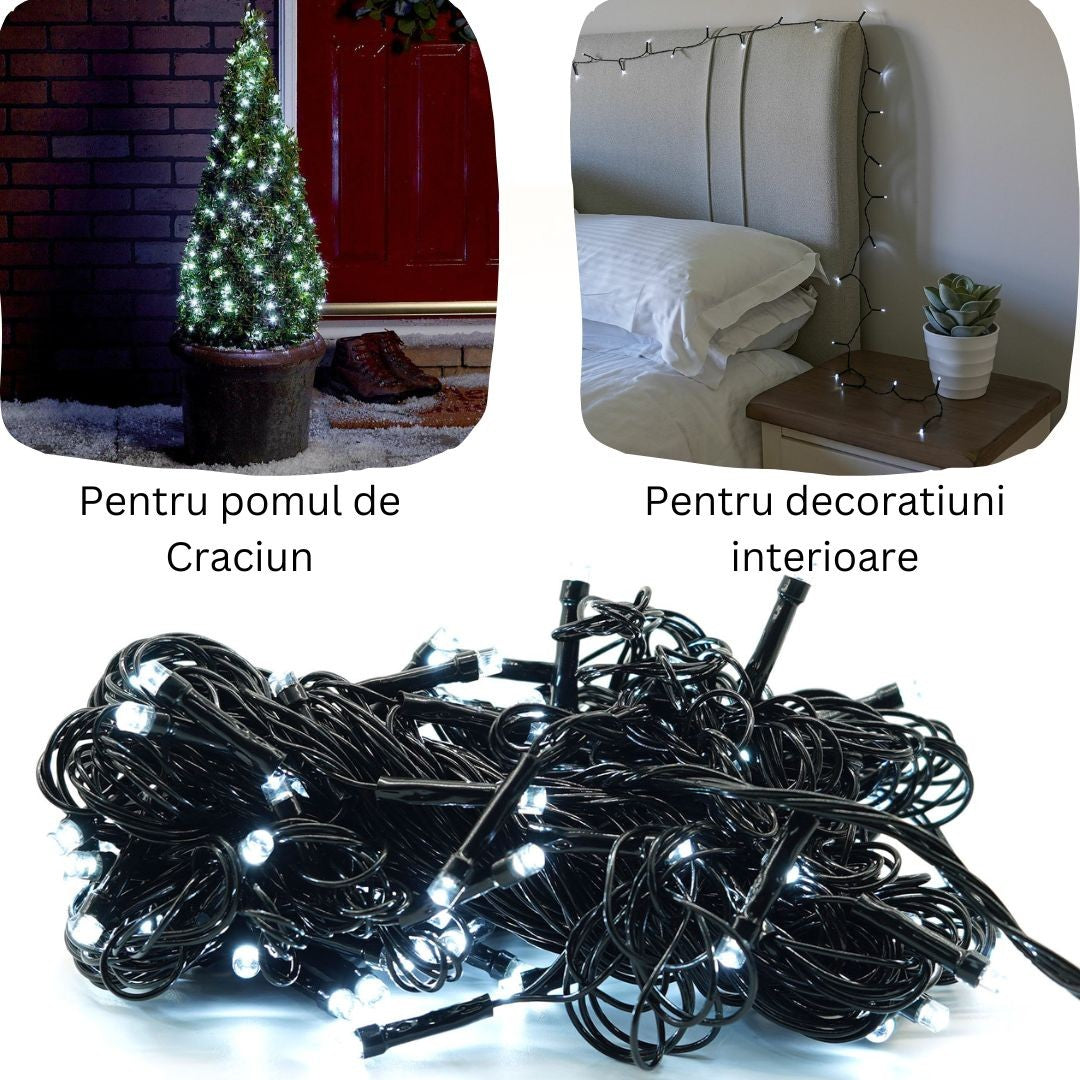 Instalatie de Craciun liniara Yoto, 10 m, din care 1 m cablu priza 220V, 100 LED, 8 jocuri de lumini, controler, fir negru, alb rece-2