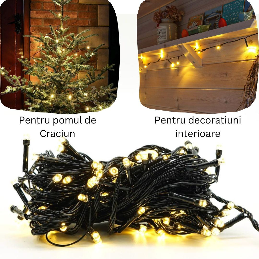 Instalatie de Craciun liniara Yoto, 10 m, din care 1 m cablu priza 220V, 100 LED, 8 jocuri de lumini, controler, fir negru, alb cald-1