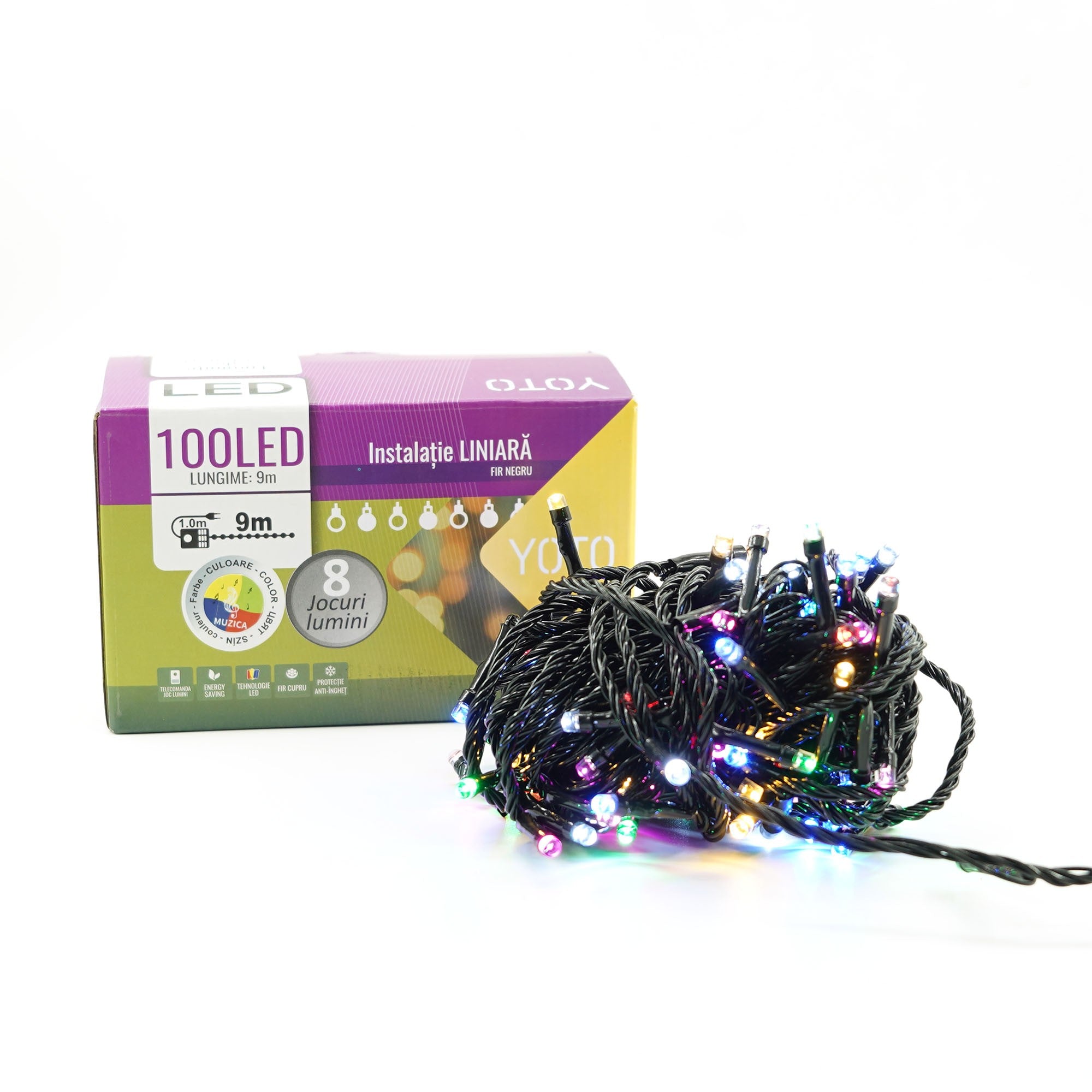 Instalatie de Craciun liniara Yoto, 10 m, din care 1 m cablu priza 220V, 100 LED, 8 jocuri de lumini, muzicala, pentru interior, controler, fir negru, multicolor-3