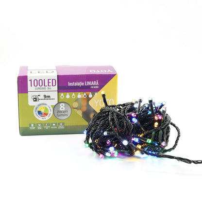 Instalatie de Craciun liniara Yoto, 10 m, din care 1 m cablu priza 220V, 100 LED, 8 jocuri de lumini, muzicala, pentru interior, controler, fir negru, multicolor-3