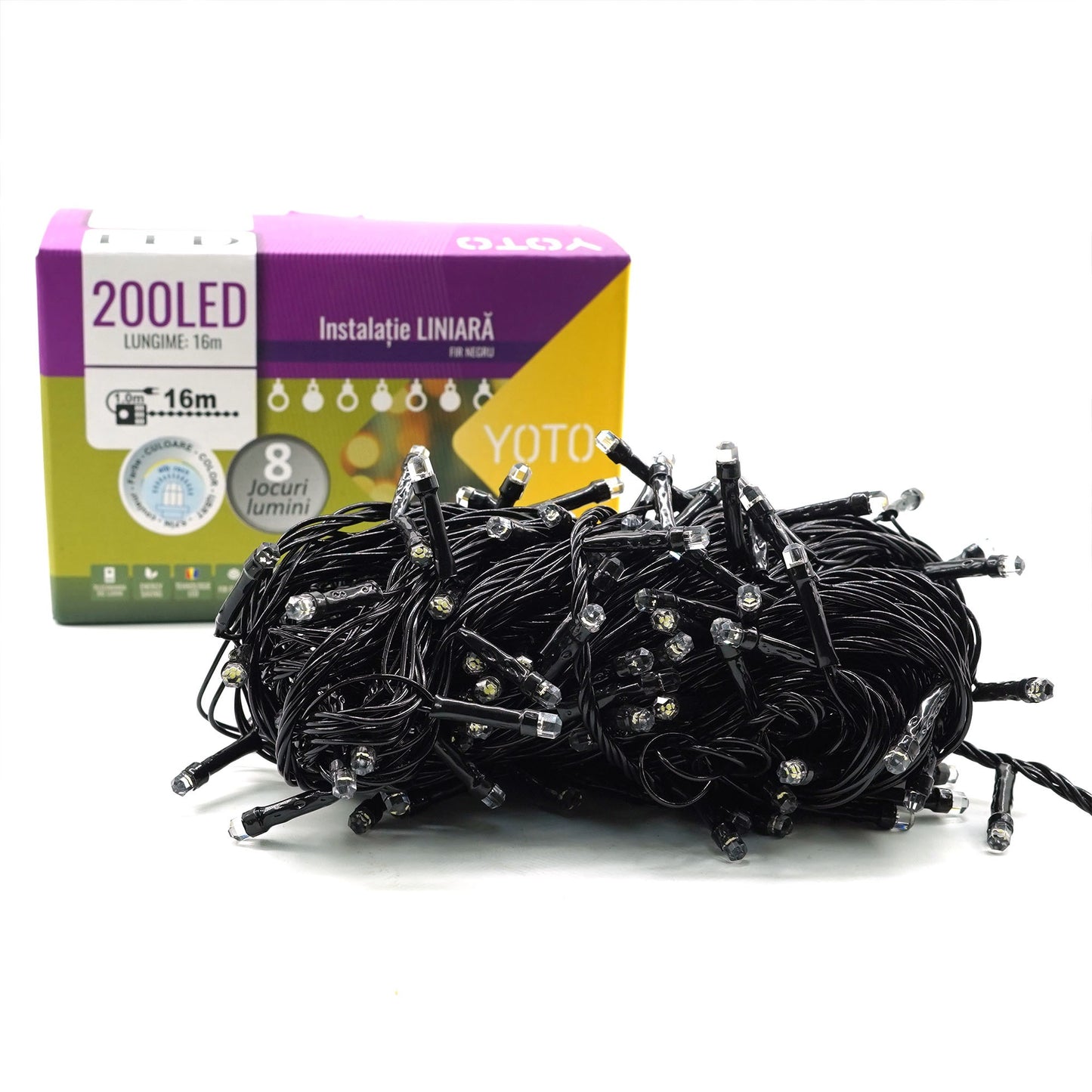 Instalatie de Craciun liniara Yoto, 17 m, din care 1 m cablu priza 220V, 200 LED, 8 jocuri de lumini, beculet in 6 colturi, pentru interior, controler, fir negru, alb rece-5