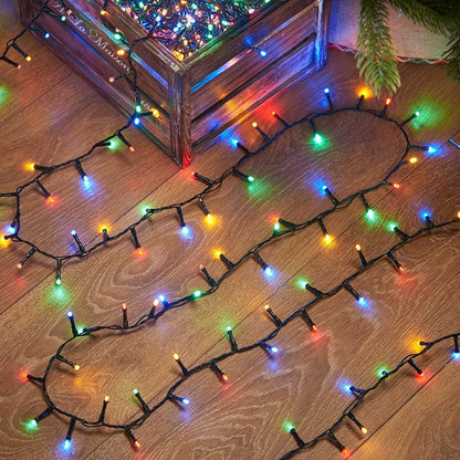 Instalatie de Craciun liniara Yoto, 17 m, din care 1 m cablu priza 220V, 200 LED, 8 jocuri de lumini, beculet in 6 colturi, pentru interior, controler, fir negru, multicolor-0