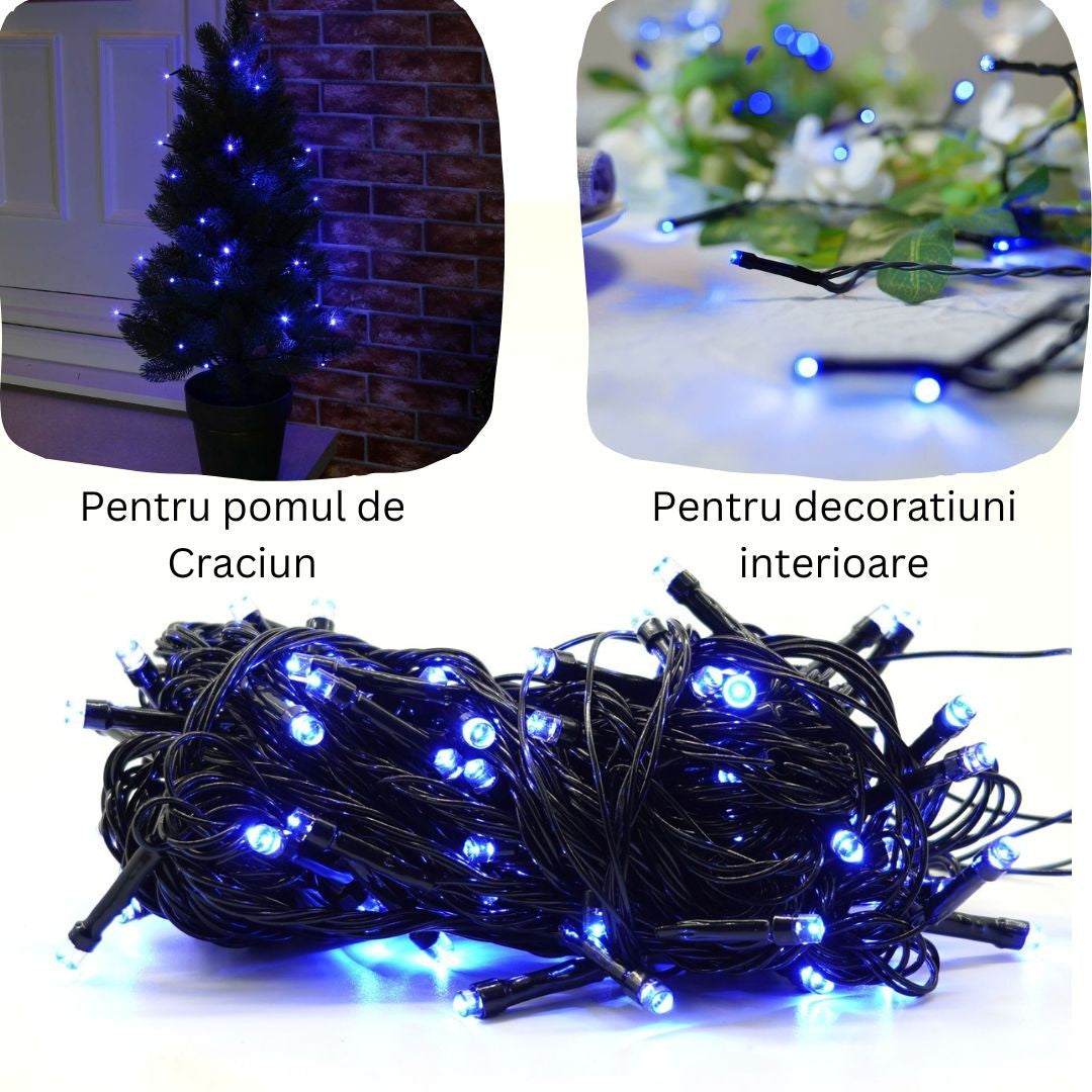 Instalatie de Craciun liniara Yoto, 17 m, din care 1 m cablu priza 220V, 200 LED, 8 jocuri de lumini, controler, fir negru, albastru-1