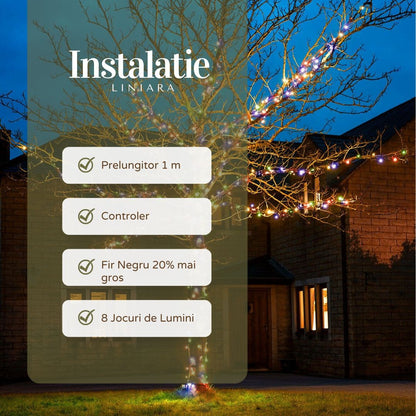 Instalatie de Craciun Liniara Yoto, 22 m, din care 1 m Prelungitor 220V, 300 LED, 8 jocuri de lumini, Controler, Utilizare Interior/Exterior, Fir Negru, multicolor-1