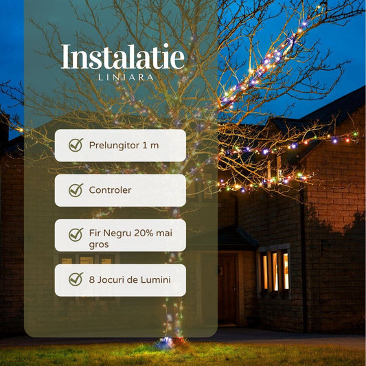 Instalatie de Craciun Liniara Yoto, 22 m, din care 1 m Prelungitor 220V, 300 LED, 8 jocuri de lumini, Controler, Utilizare Interior/Exterior, Fir Negru, multicolor-1