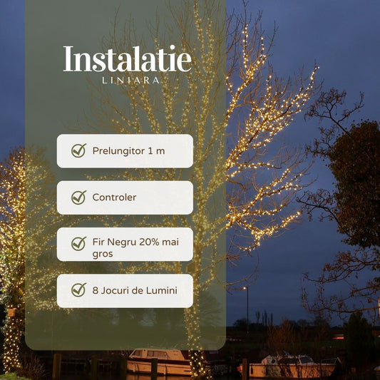 Instalatie de Craciun Liniara Yoto, 22 m, din care 1 m Prelungitor 220V, 300 LED, 8 jocuri de lumini, Controler, Utilizare Interior/Exterior, Fir Negru, Alb Cald-1