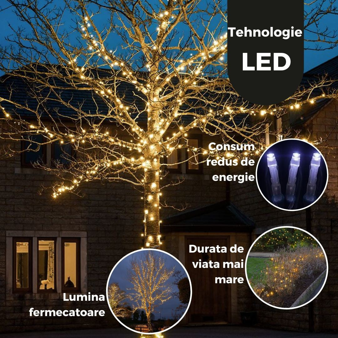Instalatie de Craciun Liniara Yoto, 22 m, din care 1 m Prelungitor 220V, 300 LED, 8 jocuri de lumini, Controler, Utilizare Interior/Exterior, Fir Negru, Alb Cald-2