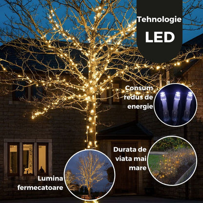 Instalatie de Craciun Liniara Yoto, 22 m, din care 1 m Prelungitor 220V, 300 LED, 8 jocuri de lumini, Controler, Utilizare Interior/Exterior, Fir Negru, Alb Cald-2