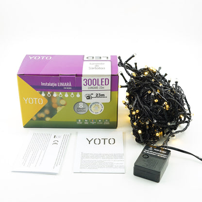 Instalatie de Craciun liniara Yoto, 24 m, din care 1 m cablu priza 220V, 300 LED, 8 jocuri de lumini, beculet in 6 colturi, pentru interior, controler, fir negru, alb cald-6