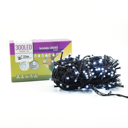 Instalatie de Craciun liniara Yoto, 24 m, din care 1 m cablu priza 220V, 300 LED, 8 jocuri de lumini, beculet in 6 colturi, pentru interior, controler, fir negru, alb rece-6