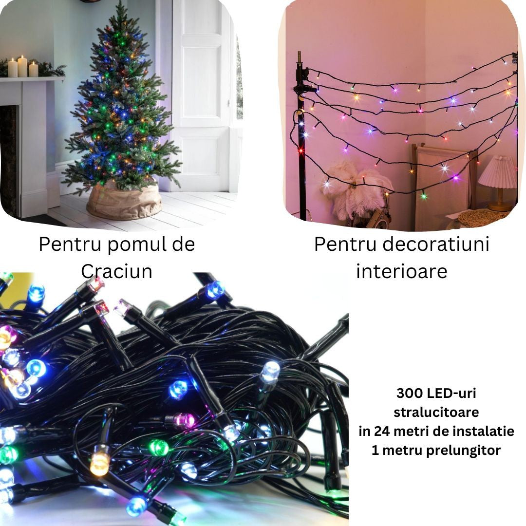 Instalatie de Craciun liniara Yoto, 24 m, din care 1 m cablu priza 220V, 300 LED, 8 jocuri de lumini, controler, fir negru, multicolor-2