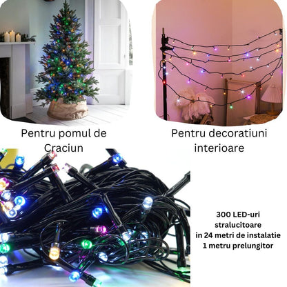 Instalatie de Craciun liniara Yoto, 24 m, din care 1 m cablu priza 220V, 300 LED, 8 jocuri de lumini, controler, fir negru, multicolor-2