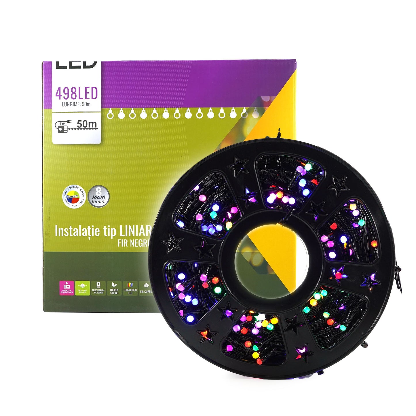 Instalatie de Craciun Liniara Yoto, 50 m, 1 m Prelungitor 220V, 498 LED, 8 Jocuri de Lumini, Controler, Fir Negru, Utilizare Interior/Exterior, Protectie anti-inghet, Fir Cupru, Multicolor-6