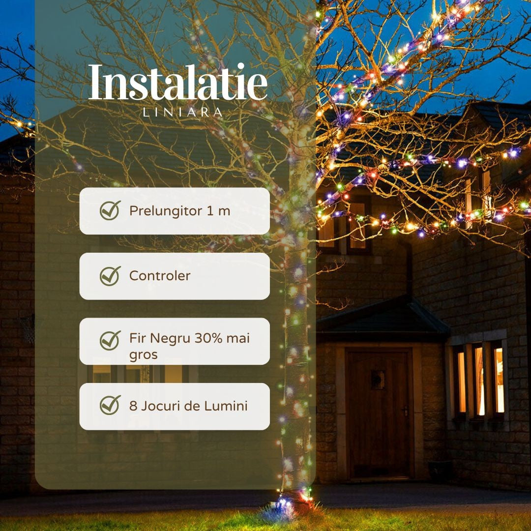 Instalatie de Craciun Liniara Yoto, 50 m, 1 m Prelungitor 220V, 498 LED, 8 Jocuri de Lumini, Controler, Fir Negru, Utilizare Interior/Exterior, Protectie anti-inghet, Fir Cupru, Multicolor-8