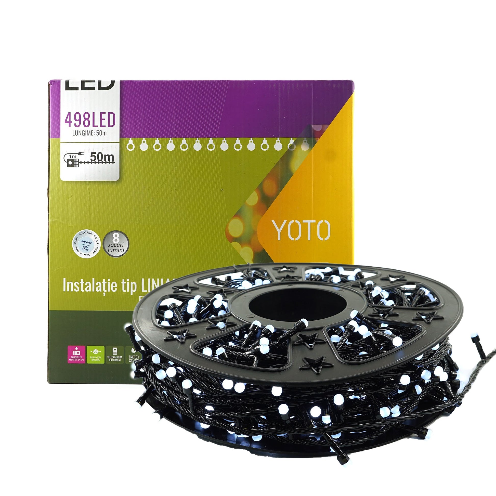 Instalatie de Craciun Liniara Yoto, 50 m, 1 m Prelungitor 220V, 498 LED, 8 Jocuri de Lumini, Controler, Fir Negru, Utilizare Interior/Exterior, Protectie anti-inghet, Fir Cupru, Alb Rece-7