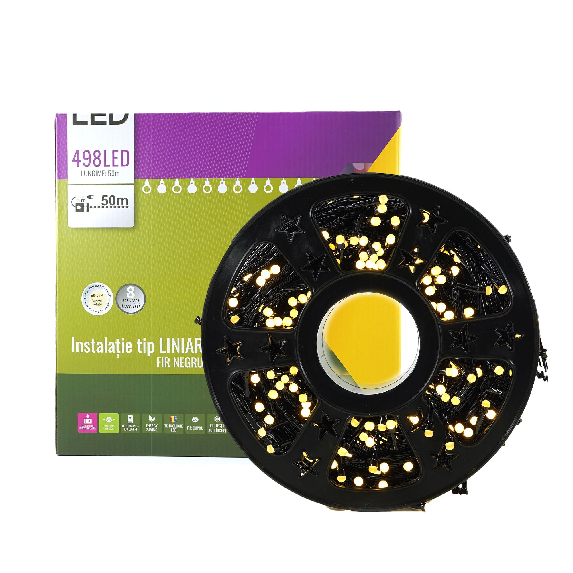 Instalatie de Craciun Liniara Yoto, 50 m, 1 m Prelungitor 220V, 498 LED, 8 Jocuri de Lumini, Controler, Fir Negru, Utilizare Interior/Exterior, Protectie anti-inghet, Fir Cupru, Alb Cald-6