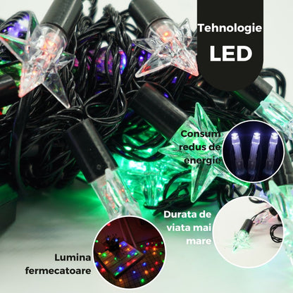 Instalatie de Craciun Liniara RGRB Yoto, 10 m, din care 1 m Prelungitor 220V, 40 LED, Model Stelute, Utilizare Interior/Exterior, Interconectabila, Fir Negru, multicolor-2