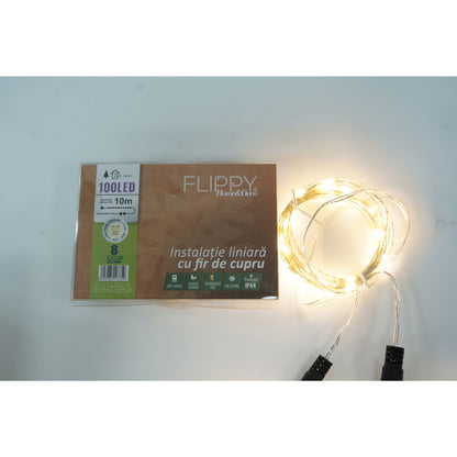 Instalatie Liniara de  Craciun, 30 m, Alb Cald, 3 Sectiuni interconectabile, 300 Led-uri, 8 jocuri de lumini, Transformator, Prelungitor 3 m inclus, Fir Cupru, Flippy-3