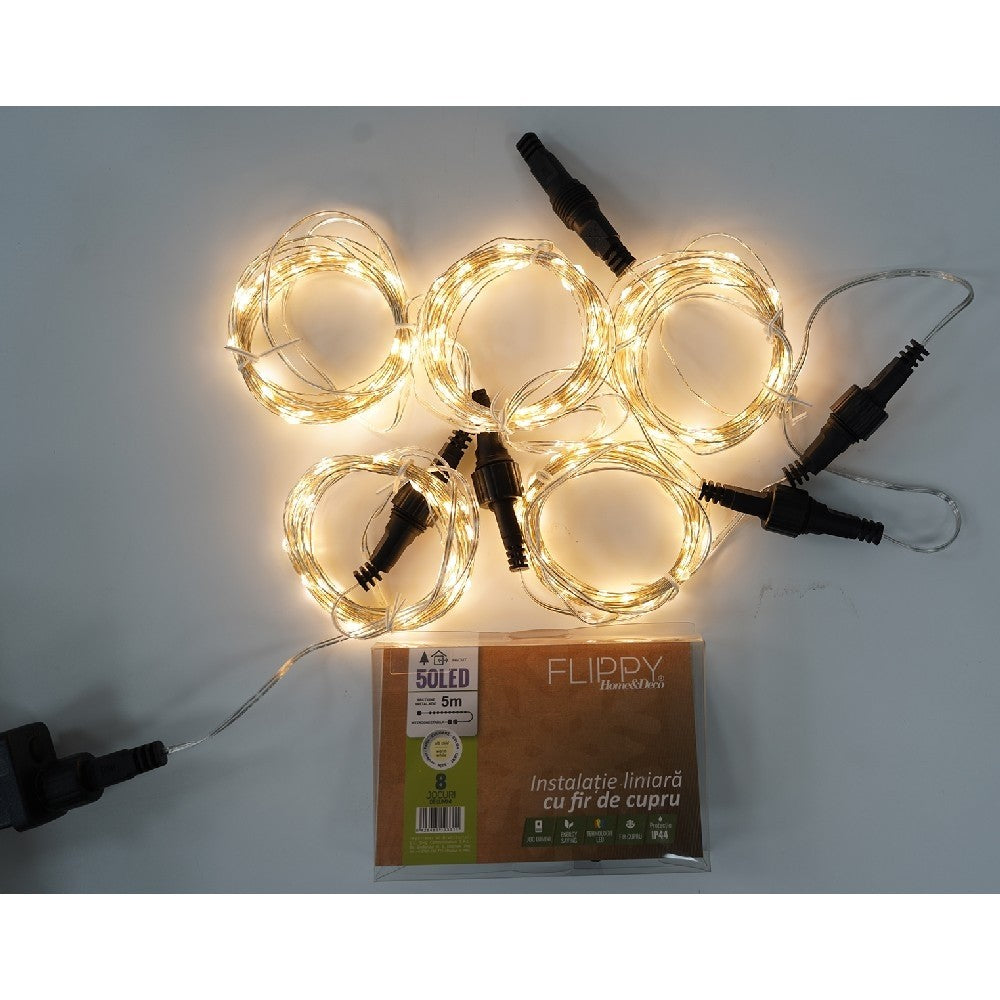 Instalatie Liniara de Craciun, 50 m, 500 Led-uri, Alb Cald, 8 jocuri de lumini, Transformator, Interconectabila, Prelungitor 3 m inclus, Fir Cupru, Flippy-10