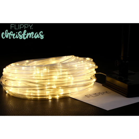 Instalatie luminoasa de Craciun tip furtun luminos, 300 LED-uri, 32 metri lungime, 8 programe, 2 metri prelungitor, sarma din cupru, incarcare solara, alb cald, Flippy-1