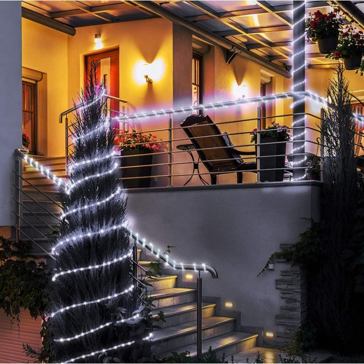 Instalatie luminoasa de Craciun tip furtun luminos, 100 LED-uri, 12 metri lungime, 8 programe, 2 metri prelungitor, sarma din cupru, incarcare solara, alb rece, Flippy-0