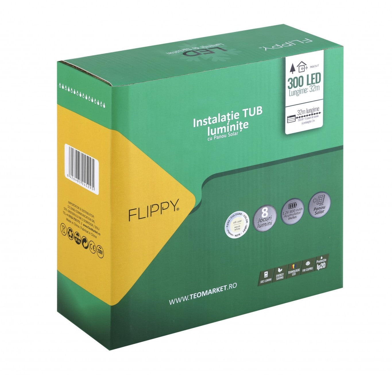 Instalatie luminoasa de Craciun tip furtun luminos, 300 LED-uri, 32 metri lungime, 8 programe, 2 metri prelungitor, sarma din cupru, incarcare solara, alb cald, Flippy-8