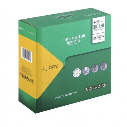 Instalatie luminoasa de Craciun tip furtun luminos, 300 LED-uri, 32 metri lungime, 8 programe, 2 metri prelungitor, sarma din cupru, incarcare solara, alb cald, Flippy-8
