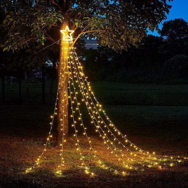 Instalatie luminoasa tip perdea pentru pomul de Craciun, cu stea luminoasa, 350 LED-uri, incarcare solara, interior/exterior, lumina calda, Tree Dazzler-1