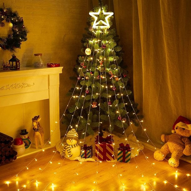 Instalatie luminoasa tip perdea pentru pomul de Craciun, cu stea luminoasa, 350 LED-uri, incarcare solara, interior/exterior, lumina calda, Tree Dazzler-2