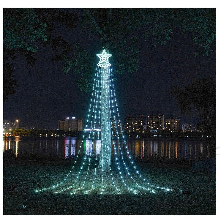 Instalatie Luminoasa Tip Perdea pentru Pomul de Craciun, cu Stea Luminoasa, 350 LED-uri, incarcare solara, pentru exterior, lumina rece, Tree Dazzler-1