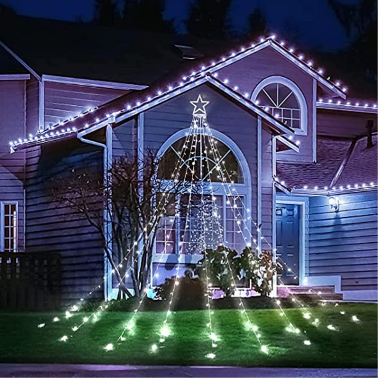 Instalatie Luminoasa Tip Perdea pentru Pomul de Craciun, cu Stea Luminoasa, 350 LED-uri, incarcare solara, pentru exterior, lumina rece, Tree Dazzler-2