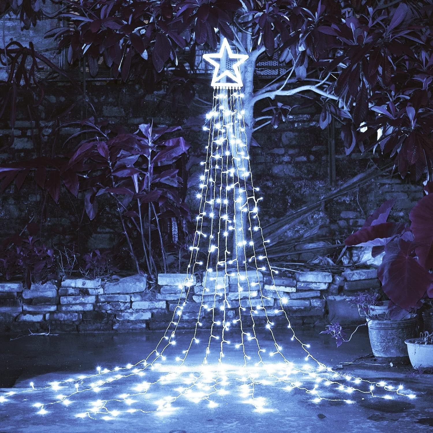 Instalatie Luminoasa Tip Perdea pentru Pomul de Craciun, cu Stea Luminoasa, 350 LED-uri, incarcare solara, pentru exterior, lumina rece, Tree Dazzler-3