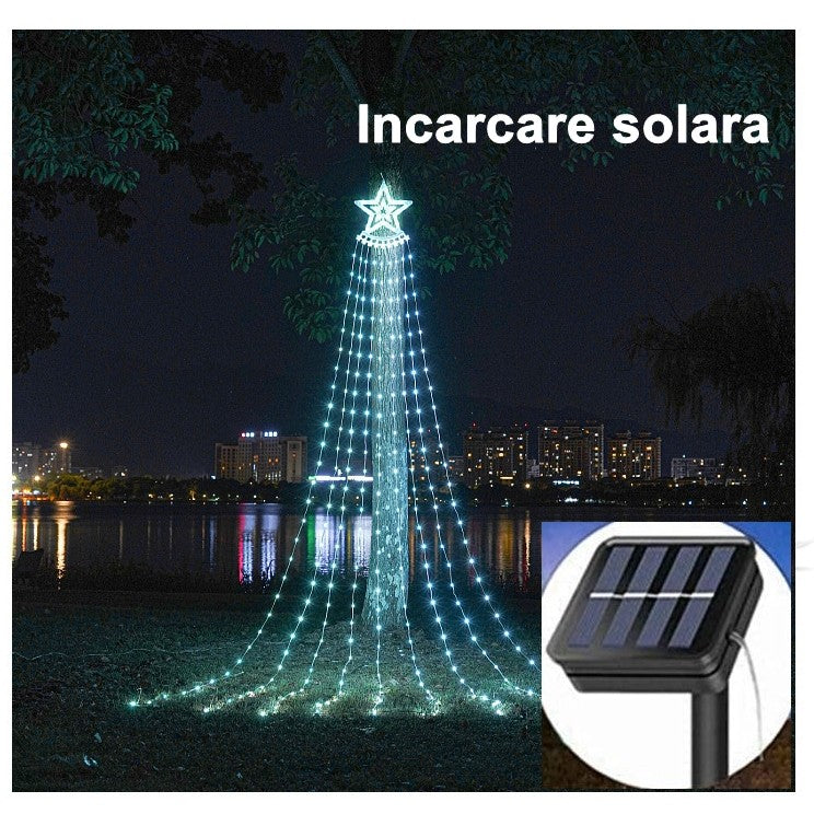 Instalatie Luminoasa Tip Perdea pentru Pomul de Craciun, cu Stea Luminoasa, 350 LED-uri, incarcare solara, pentru exterior, lumina rece, Tree Dazzler-4