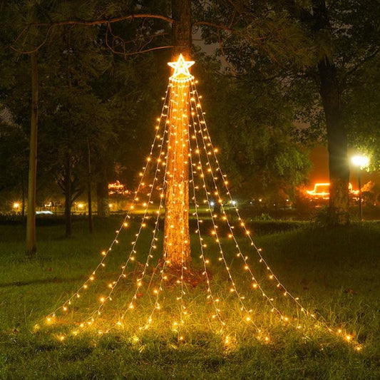 Instalatie luminoasa tip perdea pentru pomul de Craciun, cu stea luminoasa, 350 LED-uri, incarcare solara, interior/exterior, lumina calda, Tree Dazzler-0