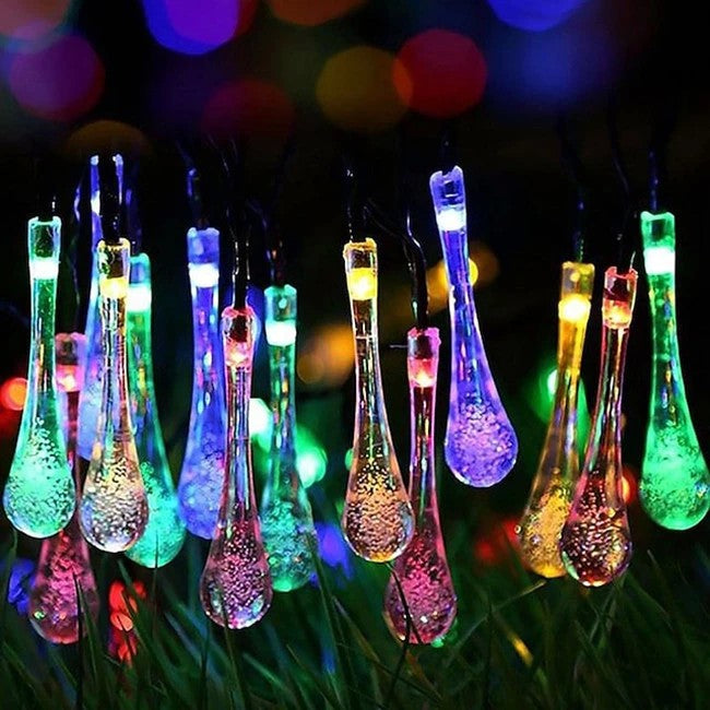 Instalatie Solara 6 m, 28 Led-uri cu Ornament tip picatura de apa, Liniara, Fir negru, Multicolor-1
