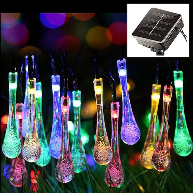 Instalatie Solara 6 m, 28 Led-uri cu Ornament tip picatura de apa, Liniara, Fir negru, Multicolor-2