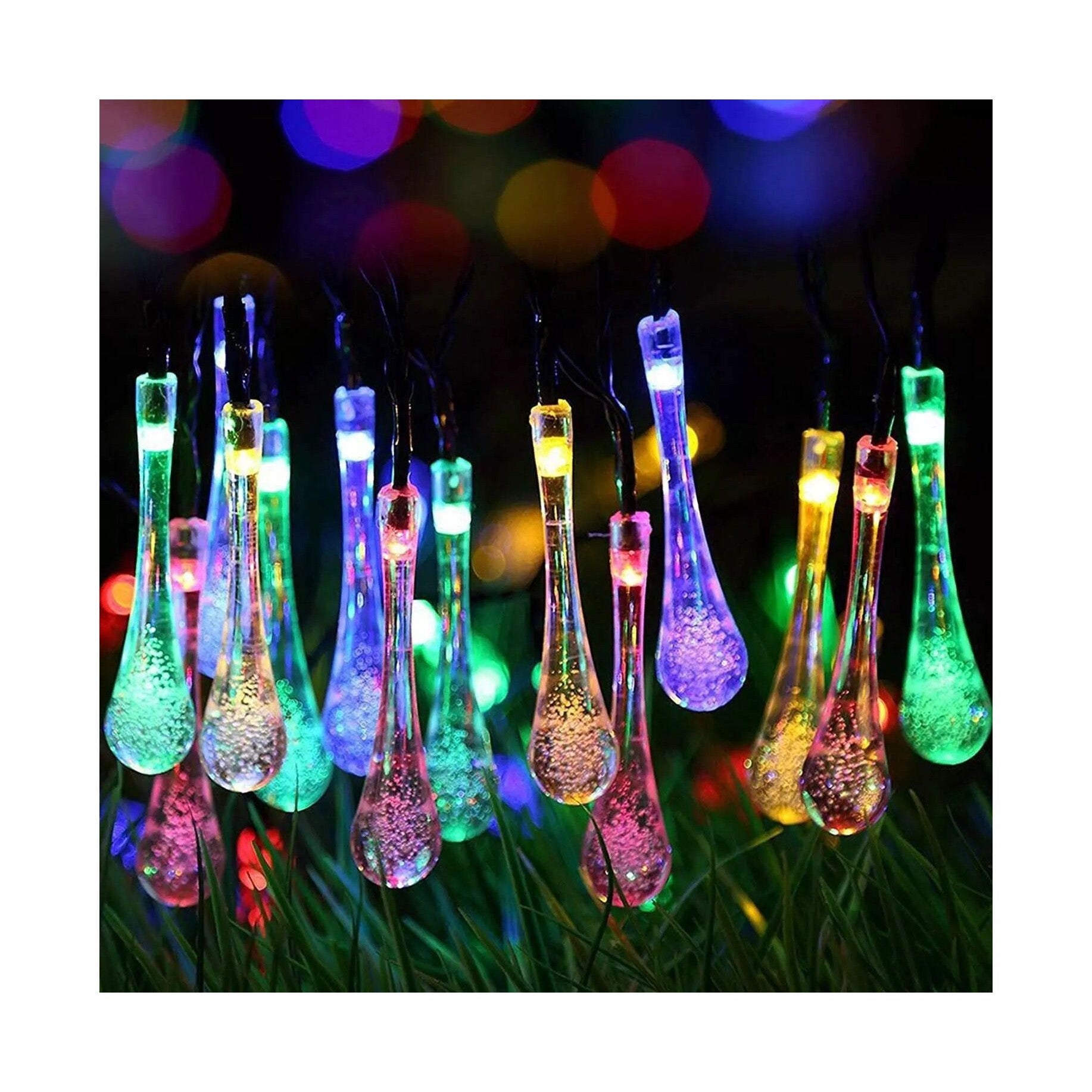 Instalatie Solara 6 m, 28 Led-uri cu Ornament tip picatura de apa, Liniara, Fir negru, Multicolor-3
