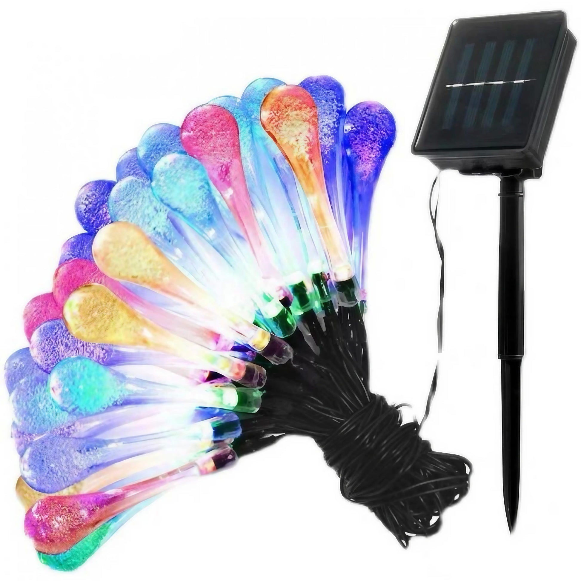 Instalatie Solara 6 m, 28 Led-uri cu Ornament tip picatura de apa, Liniara, Fir negru, Multicolor-0