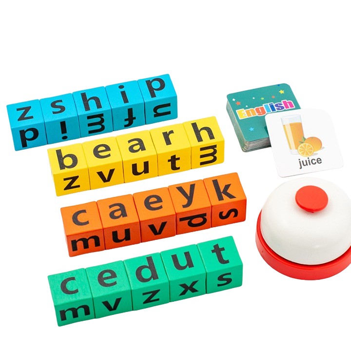 Joc cu Blocuri din Lemn, Flippy, Formare Cuvinte, Cartonase cu Obiecte si Animale, Clopotel, Joc pentru 4 Persoane, 3 Ani+, 28x15.5x5 cm, Multicolor-0