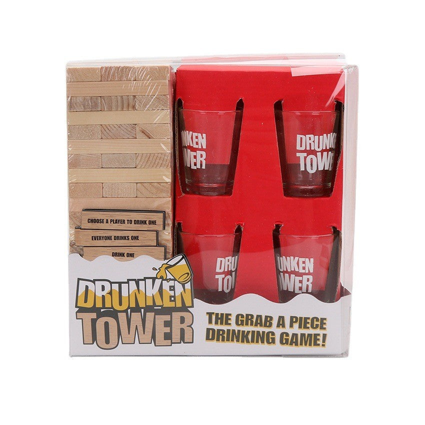 Joc de Baut Jenga Flippy, Turnul Betivului din Lemn, Piese cu Provocari, Pahare de Shot din Sticla Incluse, 19 x 7 x 20 cm-0