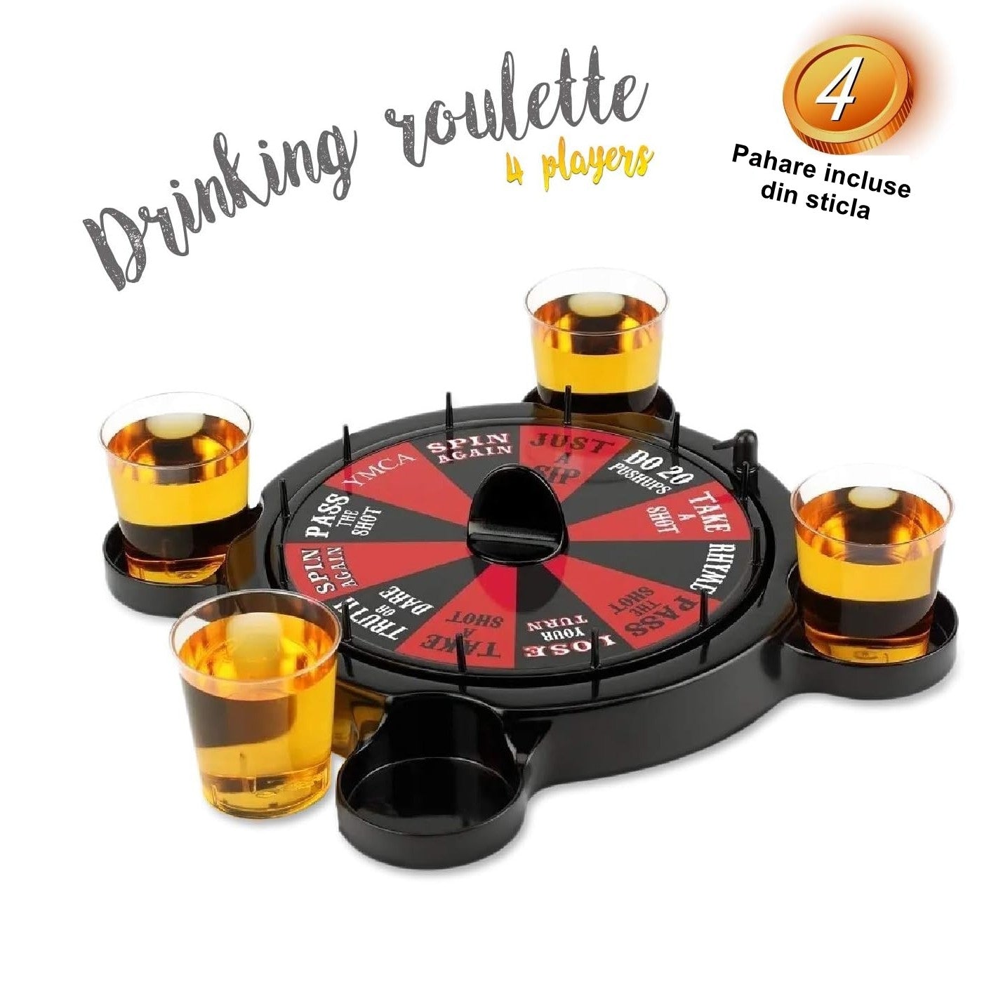 Joc de Baut Ruleta cu Pahare de Shot Flippy, 15 x 16.5 cm, Rosu/Negru-2