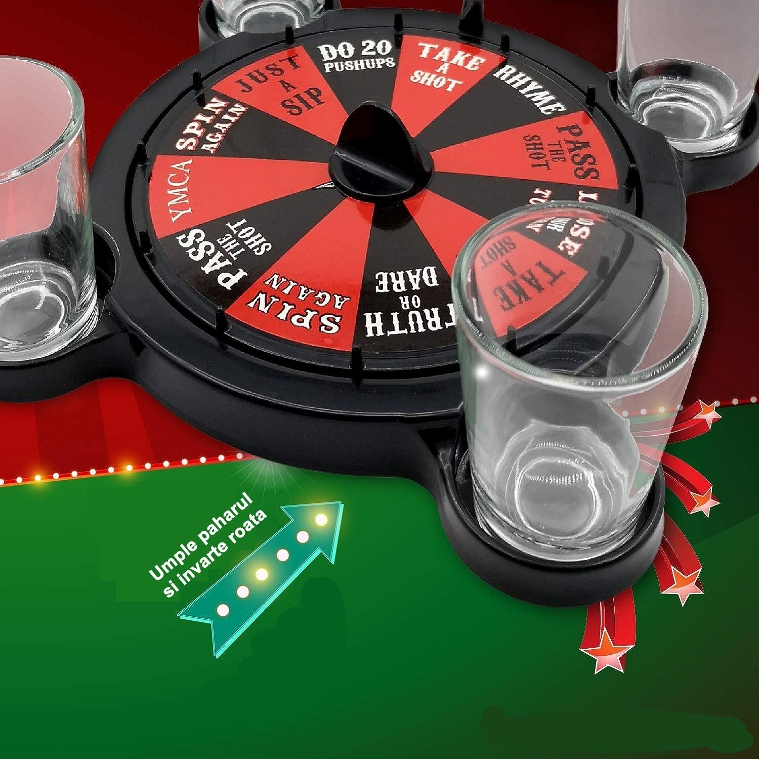 Joc de Baut Ruleta cu Pahare de Shot Flippy, 15 x 16.5 cm, Rosu/Negru-3