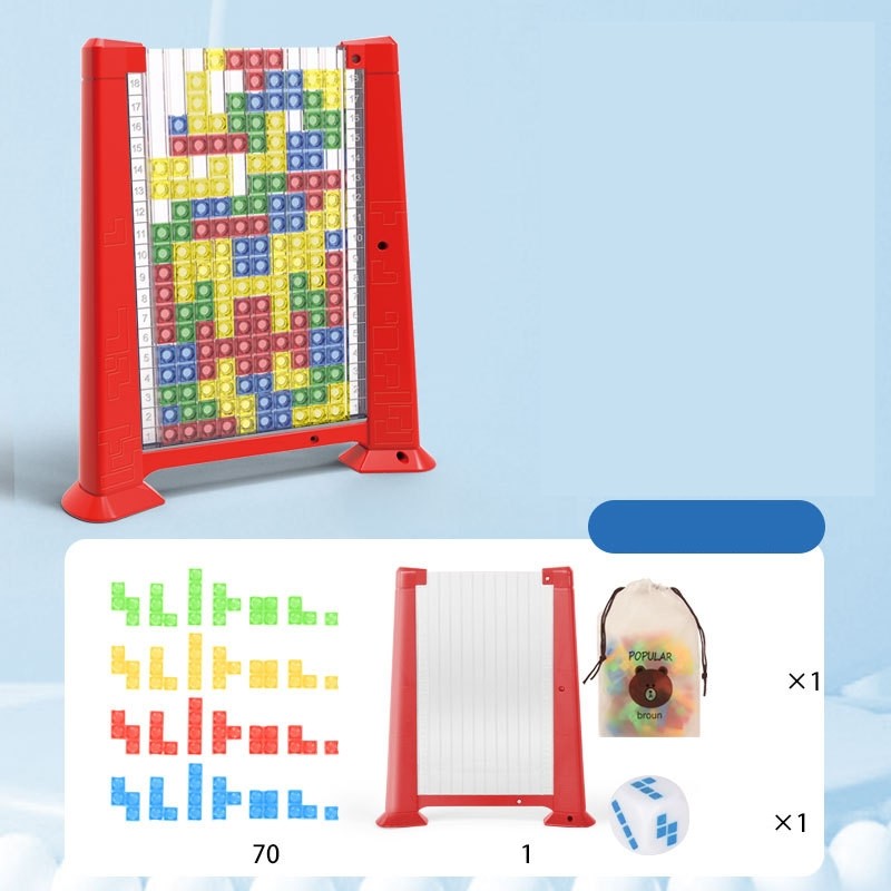 Joc de inteligenta Tetris puzzle tangram Flippy, 70 de piese multicolore, 3D, montessori, interactiv, din plastic, zar inclus, sac depozitare piese, varsta peste 6 ani, 23 x 19.8 x 5 cm, cadru rosu-2