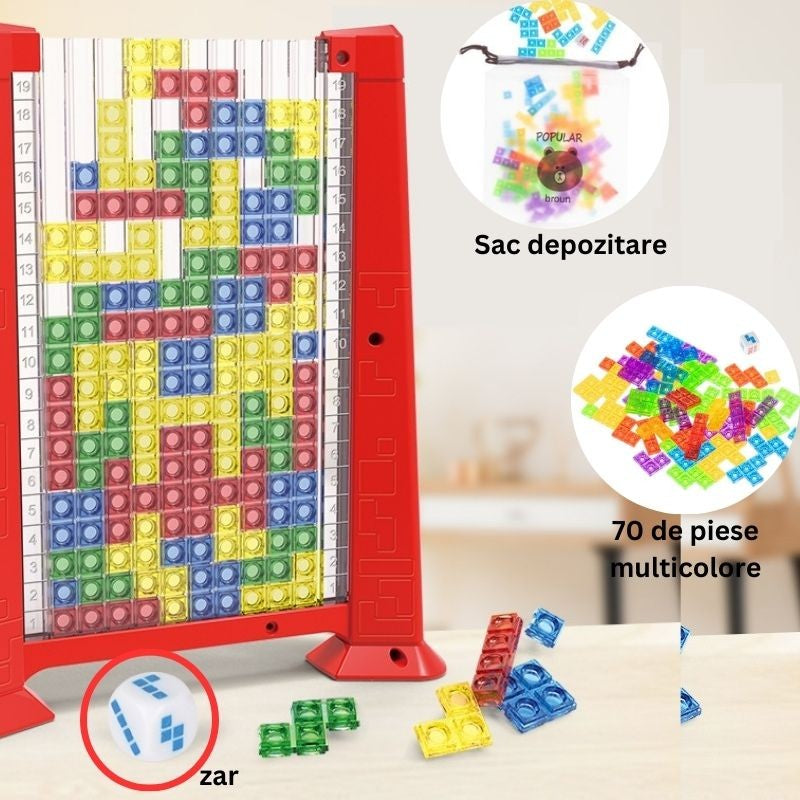 Joc de inteligenta Tetris puzzle tangram Flippy, 70 de piese multicolore, 3D, montessori, interactiv, din plastic, zar inclus, sac depozitare piese, varsta peste 6 ani, 23 x 19.8 x 5 cm, cadru rosu-1