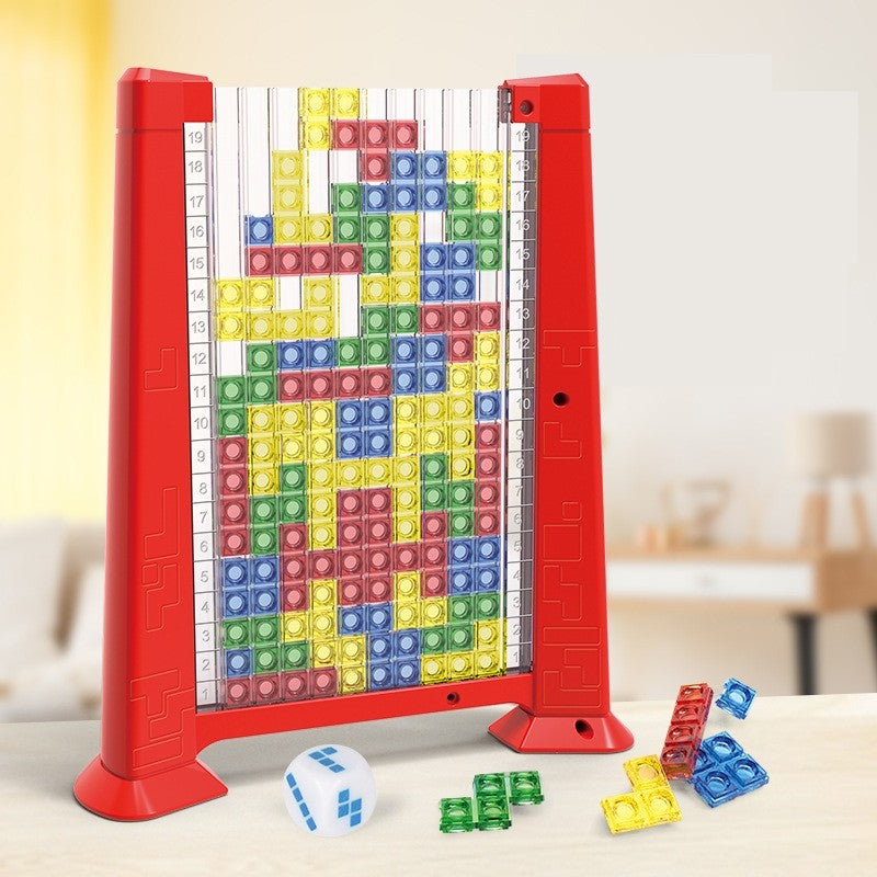Joc de inteligenta Tetris puzzle tangram Flippy, 70 de piese multicolore, 3D, montessori, interactiv, din plastic, zar inclus, sac depozitare piese, varsta peste 6 ani, 23 x 19.8 x 5 cm, cadru rosu-4