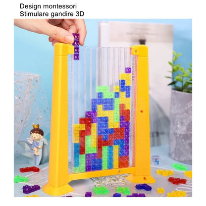 Joc de inteligenta Tetris puzzle tangram Flippy, 70 de piese multicolore, 3D, montessori, interactiv, din plastic, zar inclus, sac depozitare piese, varsta peste 6 ani, 23 x 19.8 x 5 cm, cadru galben-1