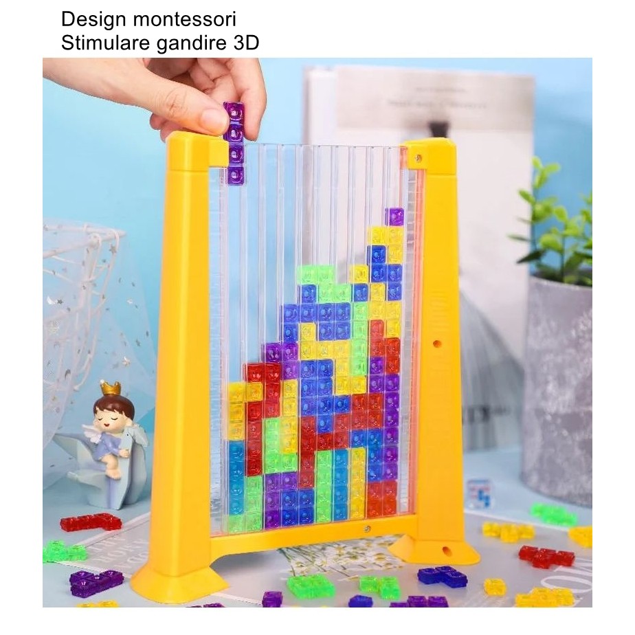 Joc de inteligenta Tetris puzzle tangram Flippy, 70 de piese multicolore, 3D, montessori, interactiv, din plastic, zar inclus, sac depozitare piese, varsta peste 6 ani, 23 x 19.8 x 5 cm, cadru galben-1